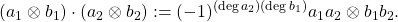 \begin{equation*}  (a_1\ox b_1 )\cdot (a_2\ox b_2):= (-1)^{(\deg a_2)(\deg b_1)}a_1a_2\ox b_1 b_2.\end{equation*}
