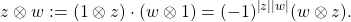 \[z\ox w:=(1\ox z) \cdot (w \ox 1)=(-1)^{\ab{z}\ab{w}} (w\ox z). \]