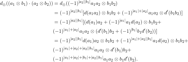 \begin{align*} d_\ox((a_1\ox b_1)\cdot (a_2 \ox b_2)) &= d_\ox((-1)^{\ab{a_2}\ab{b_1}} a_1 a_2 \ox b_1b_2) \\ &=(-1)^{\ab{a_2}\ab{b_1}}[d(a_1a_2)\ox b_1b_2+ (-1)^{\ab{a_1}+\ab{a_2}}a_1a_2\ox d'(b_1b_2)] \\ &=(-1)^{\ab{a_2}\ab{b_1}}[(d(a_1)a_2+(-1)^{\ab{a_1}}a_1d(a_2)\ox b_1b_2 +\\ &(-1)^{\ab{a_1}+\ab{a_2}}a_1a_2\ox(d'(b_1)b_2+(-1)^{\ab{b_1}}b_1d'(b_2))]  \qquad \\ &=(-1)^{\ab{a_2}\ab{b_1}}d(a_1)a_2\ox b_1b_2+(-1)^{\ab{a_1}+\ab{a_2}\ab{b_1}} a_1d(a_2)\ox b_1b_2+ \\ &(-1)^{\ab{a_1}+\ab{a_2}+\ab{a_2}\ab{b_1}} a_1 a_2\ox d'(b_1) b_2 +\qquad\\ & (-1)^{\ab{a_1}+\ab{a_2}+\ab{b_1} +\ab{a_2}\ab{b_1}}a_1a_2\ox b_1d'(b_2). \end{align*}